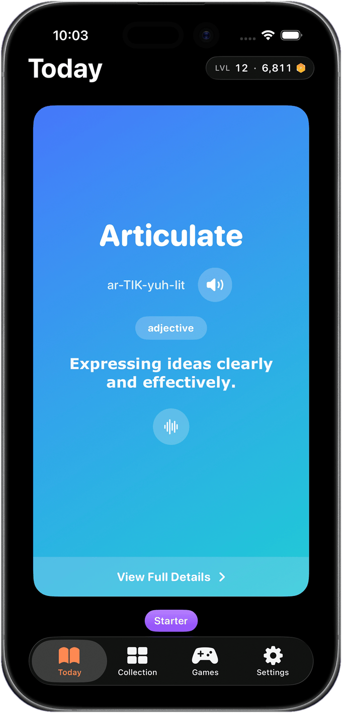 Today screen with the daily word