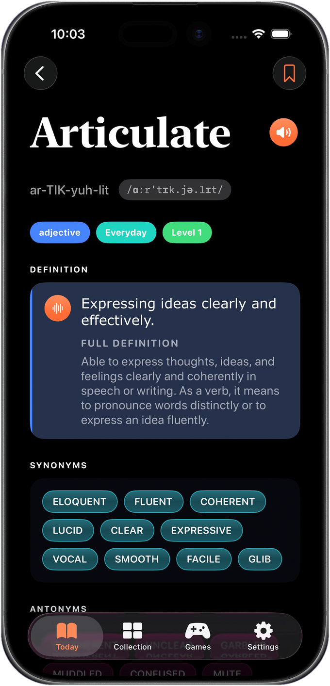Full word detail with definition, synonyms, and antonyms