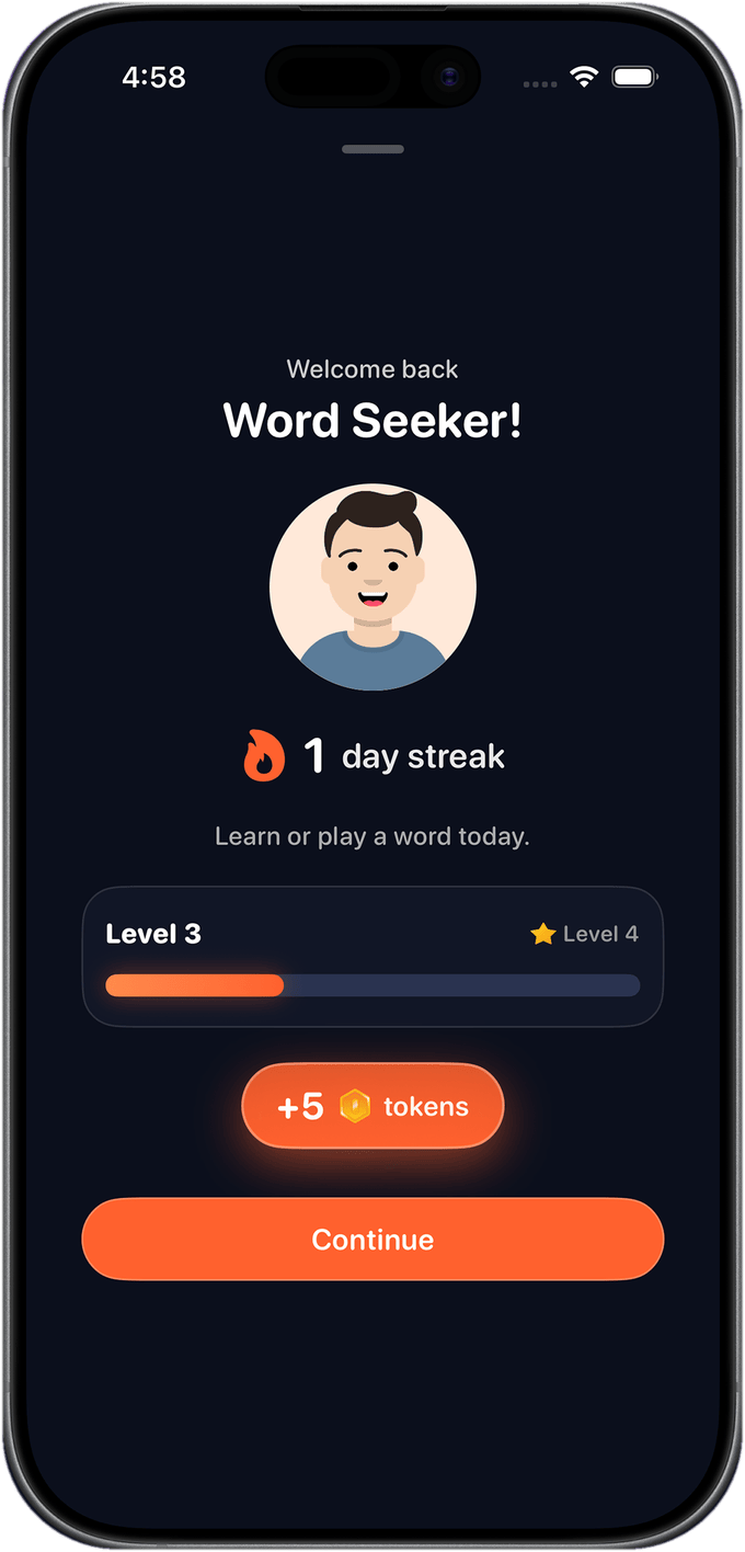 Progress screen with streak, level, and tokens