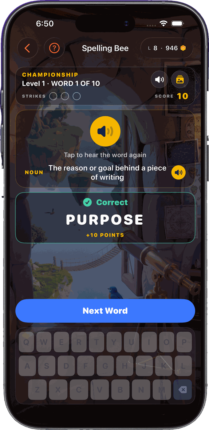 Spelling Bee championship round, spelling a word from audio